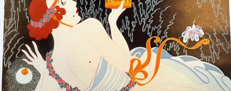 Erte’ Art Deco Calendar Page Lithograph “Stolen Kisses”